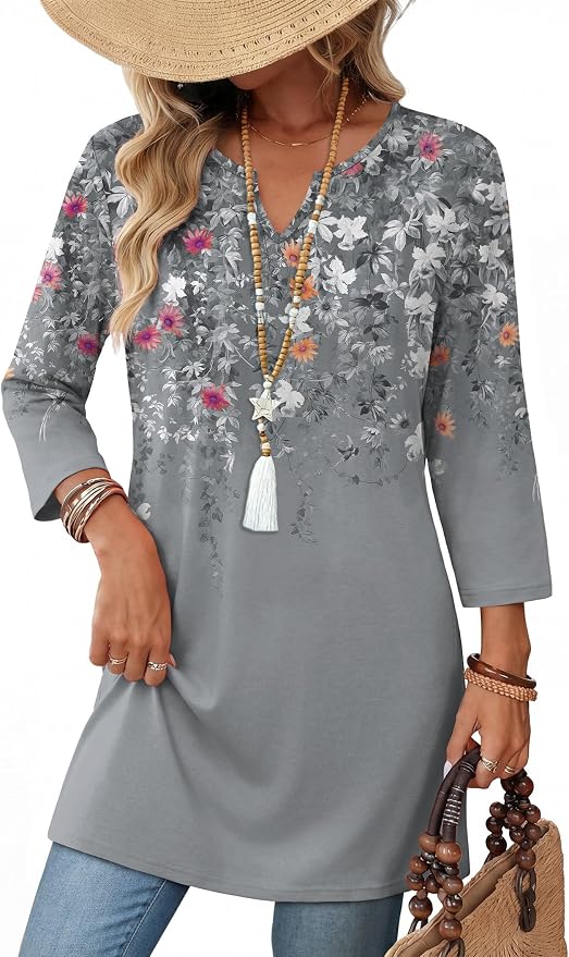 OFEEFAN Summer Boho Tops For Women 3/4 Length Sleeve Womens Tops Vacation Outfits by OFEEFAN
