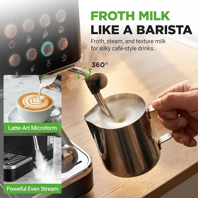 NutriChef 20-Bar Espresso Maker With Milk Frother | Removable 1.8 Quart Water Tank | Coffee Maker for Brewing Espresso, Cappuccino, Latte, Americano & Cold Brew Coffees | Black - Image 6