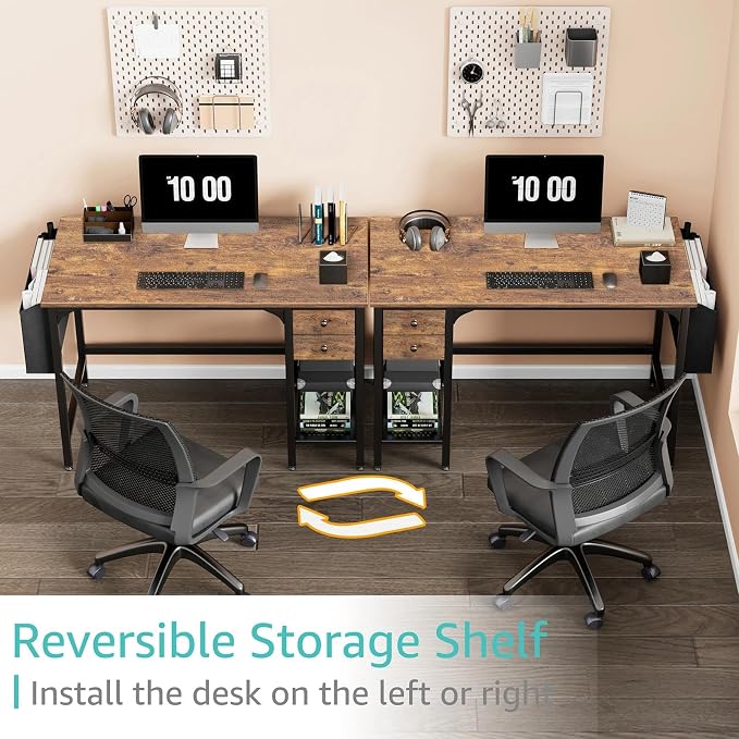 Lufeiya Computer Desk with Drawers - 40 Inch Work Reversible Small Desk for Bedroom Home Office, Simple Study Writing Table PC Desks with Drawer Storage Shelves, Rustic Brown - Image 4