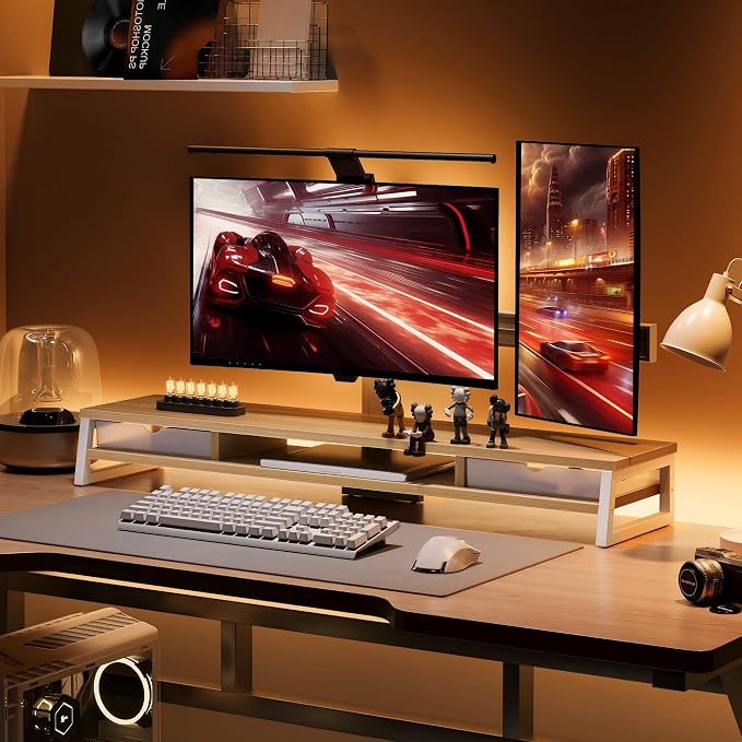Fenge Dual Monitor Stand, Monitor Riser with Drawer, 42.5 Inch Large Computer Monitor Stand for 2 Monitors, 2 Tier Wooden Desk Shelf for Top of Desk - Image 8