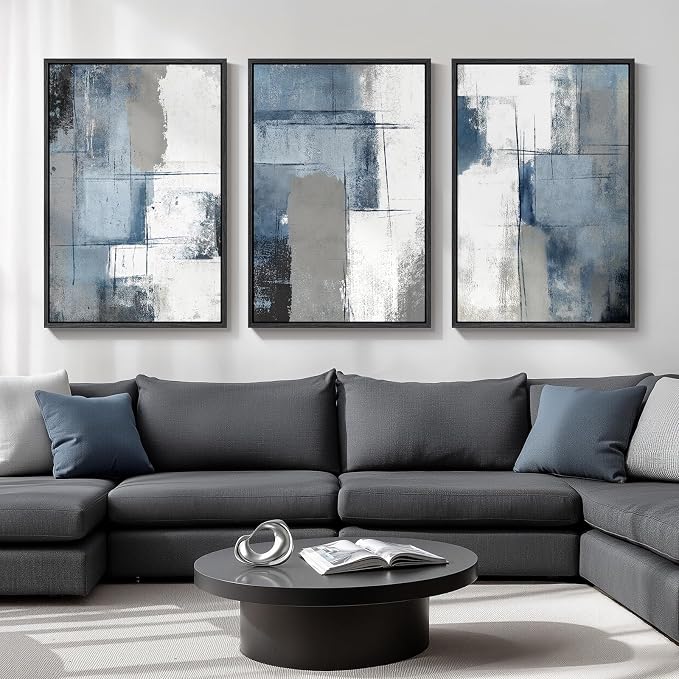 Large Framed Blue and Grey Abstract Wall Art for Living Room, 3 Piece Modern Canvas Prints Paintings Artwork for Walls, Minimalist Abstract Pictures Wall Decor for Hallway Office Bedroom 24x36 In by Cuspin