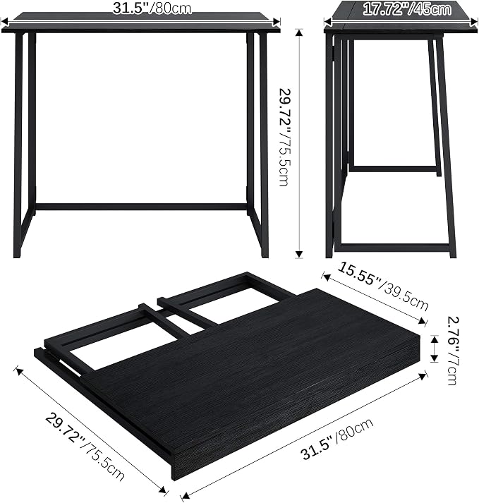 4NM 31.5" Small Folding Desk, Foldable Computer Home Office Desk, Study Writing Table for Small Space Saving Bedroom, Easy Assembly - All Black - Image 3