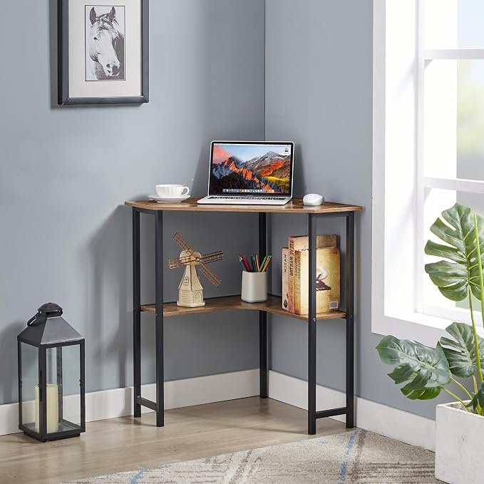 VECELO Small Corner Computer Desk 33 x 23 inches with Storage Shelves for Small Spaces,Triangular Shape,Brown - Image 2
