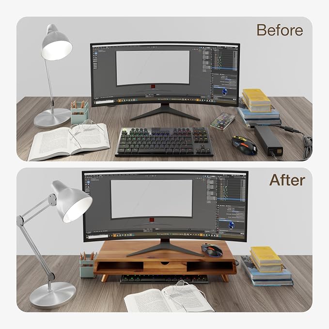 TINAMO Acacia Wood Monitor Stand with Drawer - Wooden Monitor Riser for Desk - Computer Monitor Stand for Desk - Multi-Purpose Desktop Storage Stand for Computer; Laptop; Printer; TV - 24.4 " x 8" x 5" (Patented) - Image 7
