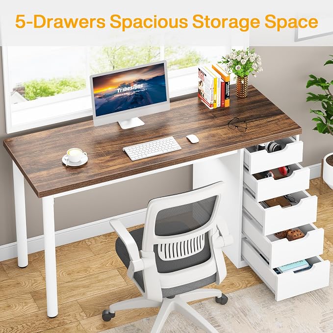 Tribesigns Computer Desk with 5 Drawers, 47 inches Rustic Brown Home Office Desk with Storage, Modern Simple Laptop Desk Study Writing Table for Small Spaces (1, Brown+White) - Image 4