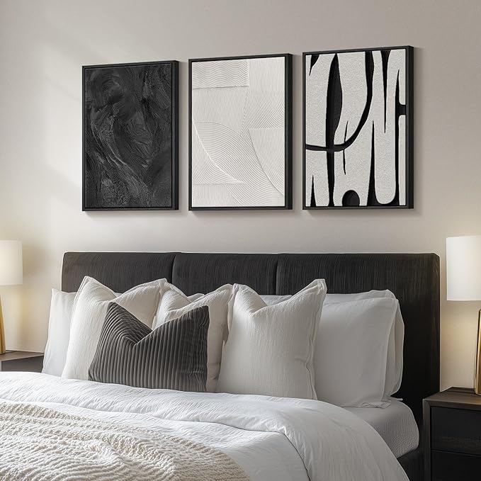 Framed Black and White Abstract Wall Art, 3 Piece Modern Canvas Prints Paintings Art for Walls, Minimalist Black White Abstract Pictures for Living Room Bedroom Dining Room Office Wall Decor 16x24 In - Image 2