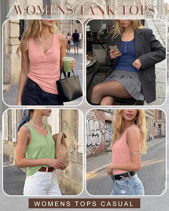 Ficerd 3 Pack Women's Henley Tank Tops Sleeveless Button Down Summer Shirts 2026 Casual Trendy Loose U Neck Tee Blouses - Image 4