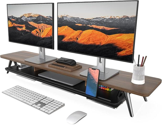 Fenge Dual Monitor Stand, Monitor Stands Riser for 2 monitors, 47.2 Inch Wood Desk Shelf with Storage Organizer and Cable Management for Office Desk Accessories by Fenge