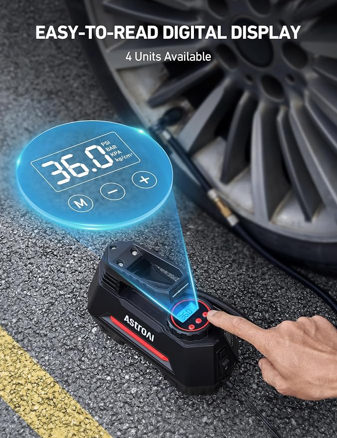 AstroAI AIRUN H Tire Inflator Portable Air Compressor Air Pump for Car Tires - Car Accessories, 9.8Ft Cord-12V DC-Powered Auto Pump with Digital Pressure Gauge, LED Light for Bicycle, Balloons, Red - Image 5