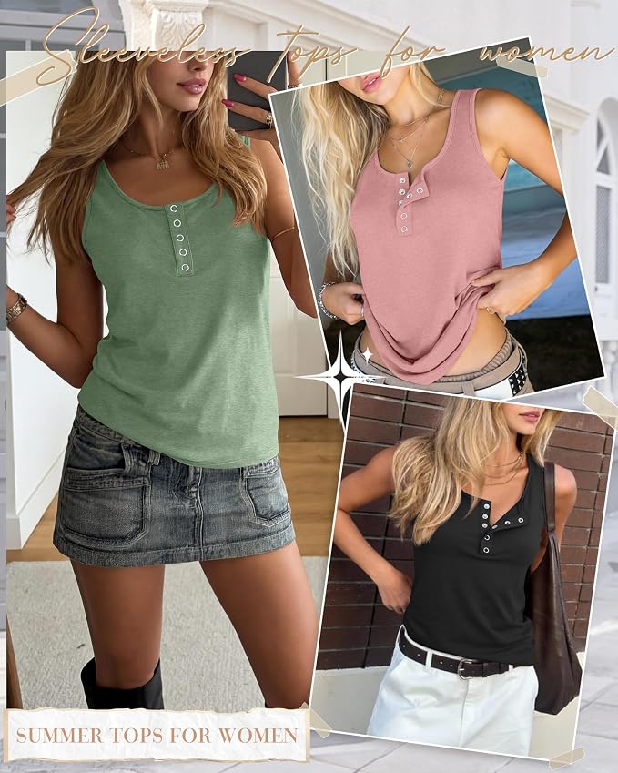 Ficerd 3 Pack Women's Henley Tank Tops Sleeveless Button Down Summer Shirts 2026 Casual Trendy Loose U Neck Tee Blouses - Image 2