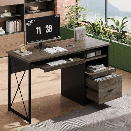 Bestier 47" Office Desk with Drawers, Industrial Computer Desk with Drawer, Reversible Teacher Desk with Storage & Keyboard Tray for Small Space Home Office & Studio, Gray Wash | 47 Inch Desktop With File Drawer, Open Storage, Keyboard Tray And Reversi... by Bestier