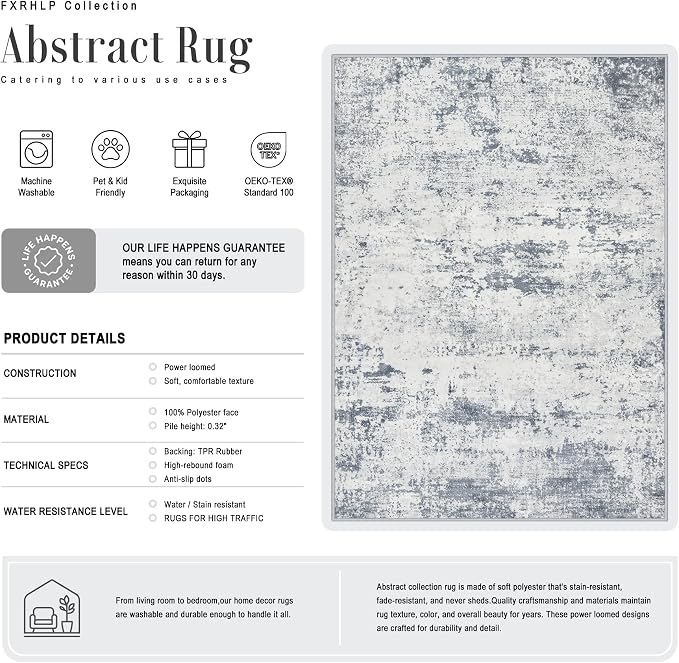 10x12 Area Rug Living Room Rug: Washable Modern Abstract Soft Thin Rug Indoor Floor No Slip Carpet for Bedroom Dining Room Farmhouse Nursery Home Office - Blue Grey - Image 2