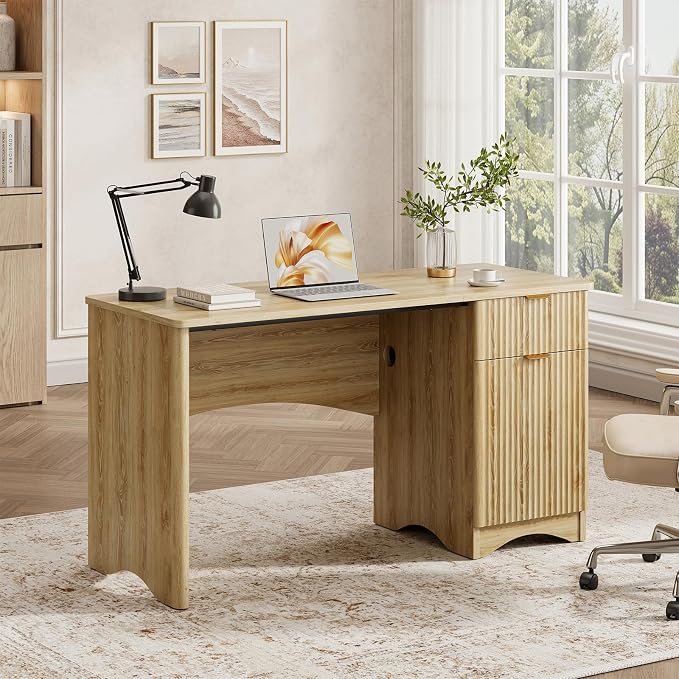 Bestier 47 inch Fluted Computer Desk with Drawer, Office Desk with File Cabinet, Modern Wood Desk with Storage Cabinet for Home Office Bedroom Study, Natural Oak - Image 6