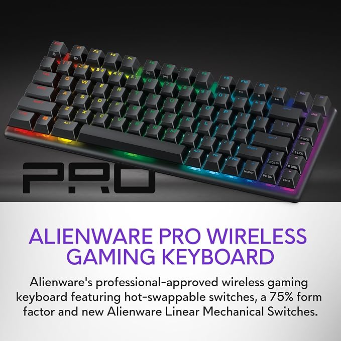 Alienware Pro Wireless Gaming Keyboard, Linear Mechanical, RGB | 2.4GHz, Bluetooth 5.1, USB Wired, N-Key Rollover, Adjustable Height, PBT Double-Shot Keycaps, Dark Side of the Moon - Image 2