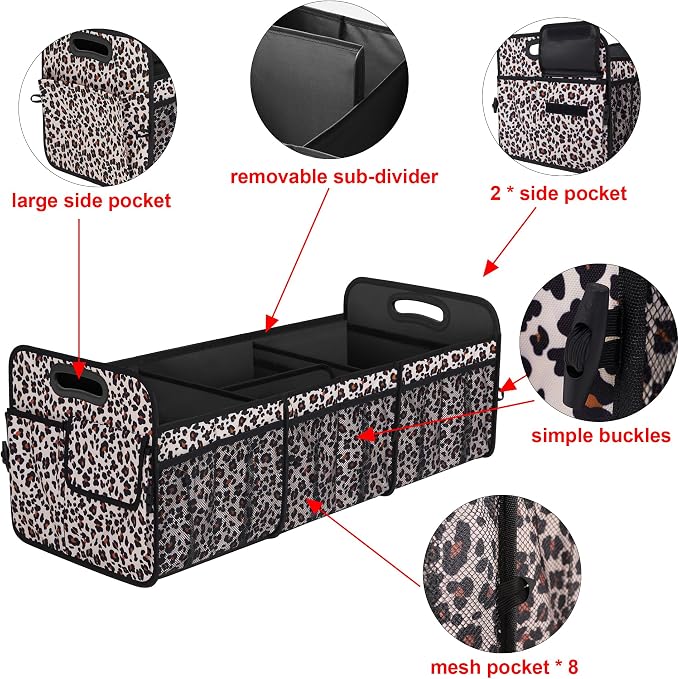 Femuar Collapsible Trunk Organizer - 90L Large Capacity with 15 Pockets, Waterproof for SUV/Car/Jeep/Sedan, Extra Large Leopard Print - Image 4