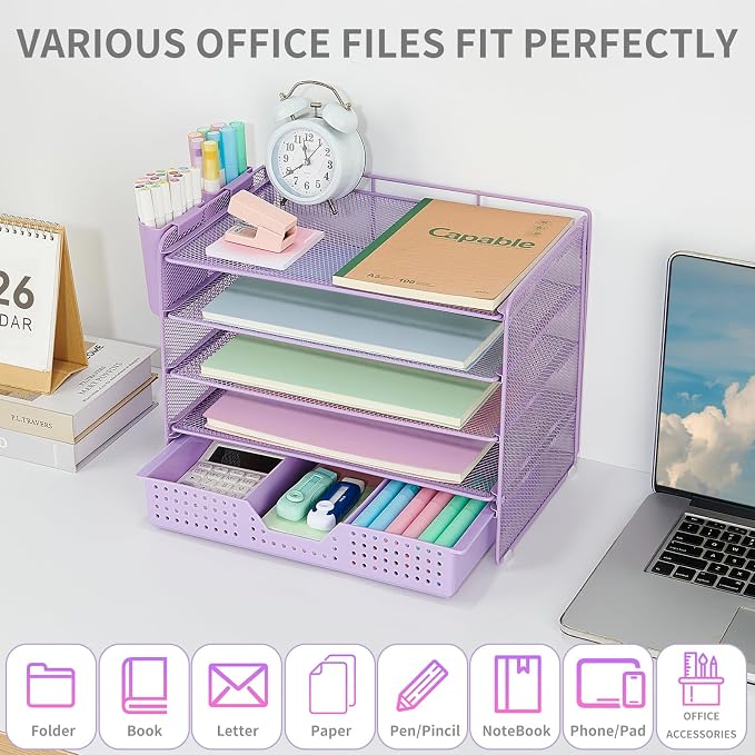 LEKETREE Desk Organizers and Accessories, 5-Tier Paper Letter Tray Organizer with Drawer & 2 Pen Holders, Desktop Organizer for Office Supplies (Purple) - Image 4