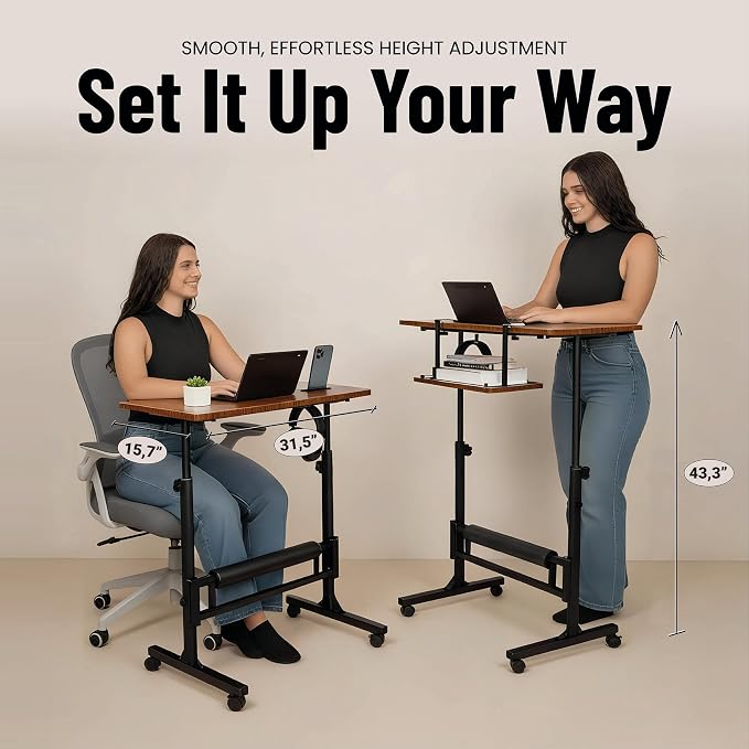 Small Rolling Desk with Wheels, Adjustable Height 27"-43.3" Portable Standing Desk, 31.5"x15.7" Tabletop, Mobile Laptop Computer Table for Home Office Workstation, Rustic Brown - Image 3