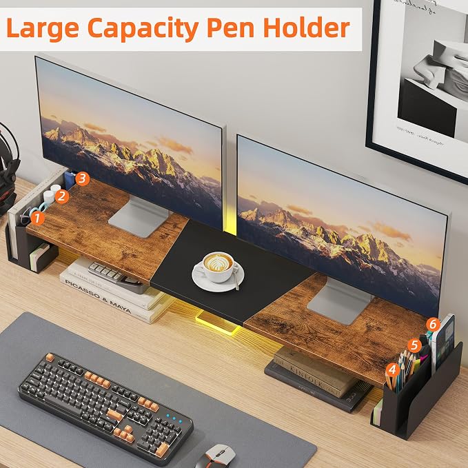 WESTREE Dual Monitor Stand Riser with Pen Holder, Computer Monitor Riser with Adjustable Angle and LED Light, Desktop Monitor Stand Riser Storage Organizer for Computer, Laptop, Printer, TV(Rustic Brown) - Image 4