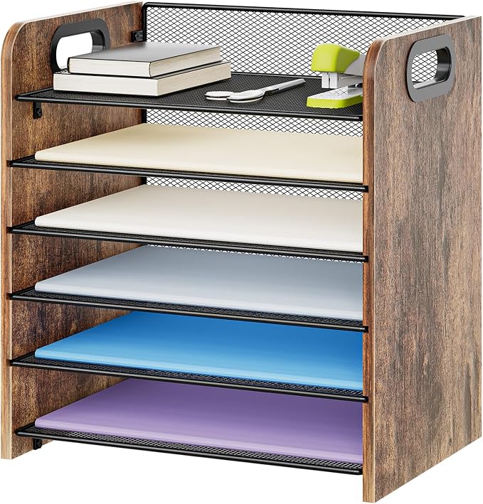Marbrasse 6 Tier Paper Organizer Letter Tray - Wooden Desk File Organizer with Handle, Paper Sorter Organizer for Letter/A4 Office File Folder Holder by Marbrasse