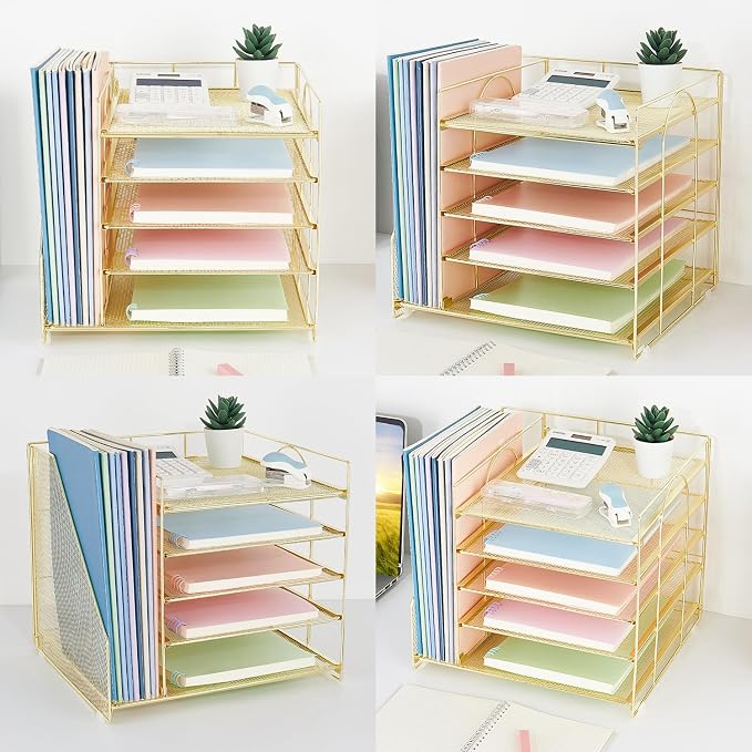LEKETREE Desk Organizers and Accessories, 5-Tier Paper Letter Tray Organizer with File Holder, Desktop Organizer for Office Supplies (Gold) - Image 5