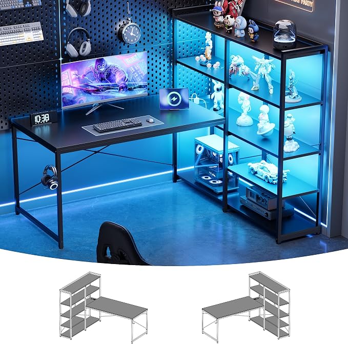 Pamray 49 Inch L Shaped Gaming Computer Desk with Shelves and Storage | Compact Reversible Design with LED Lights & Power Outlets, Suitable for Home Office Bedroom Small Spaces and Dorm Study Work by PAMRAY