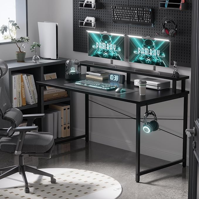 Pamray 47 Inch Small Computer Desk with Monitor Stand, Simple Office Desk with Headphone Hook for Small Spaces, Kids Study Writing Table for Bedroom, Black - Image 2