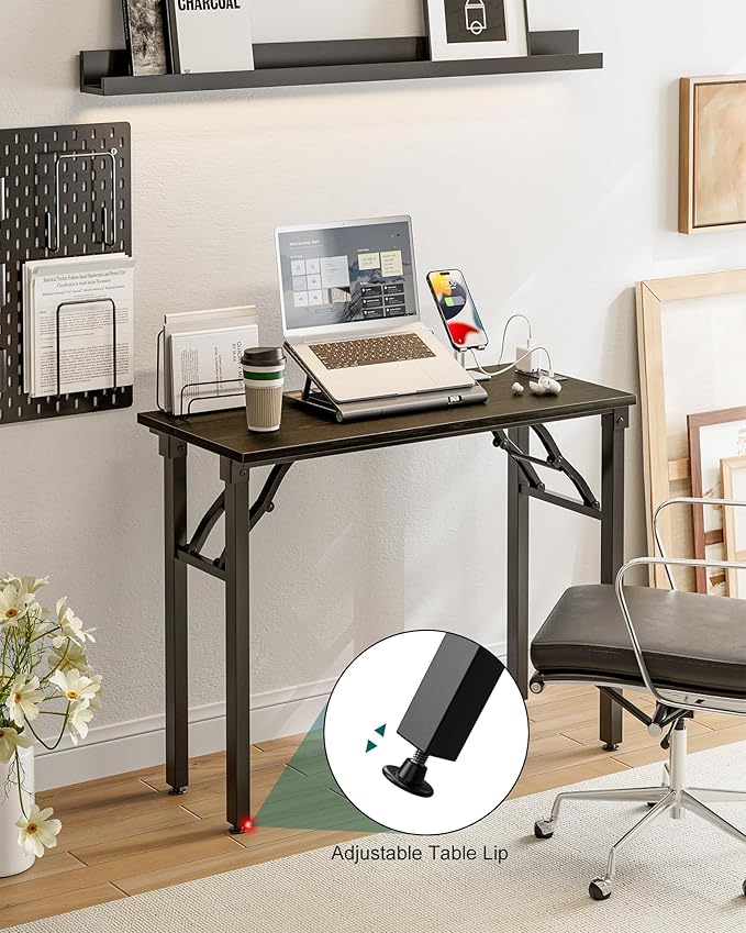 Frylr Small Folding Computer Desk – 35.8 Inch Portable Table for Craft and Study, Lightweight Desk for Small Spaces, Foldable Laptop Table Built-in AC/USB Outlets for Convenience, Dark Oak - Image 7