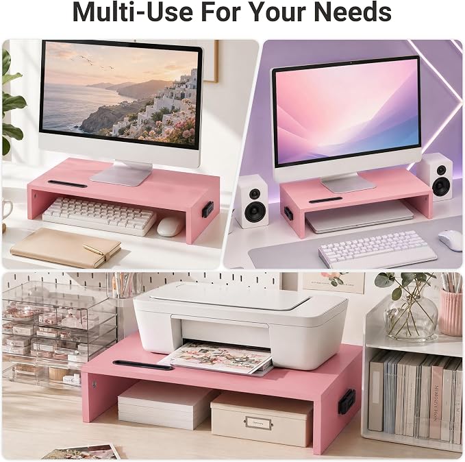 BONTEC Monitor Stand Riser with Cellphone Holder & Cable Management | 16.7 Inch Wood Monitor Riser Stand, Desktop Stand for PC/TV/Laptop/Printer, Pink - Image 7