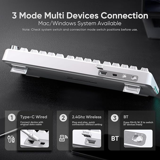 RedThunder K75 Wireless Mechanical Keyboard, CNC Knob, Tri-Mode BT5.0/2.4GHz/USB-C Hot Swappable Custom, Pre-lubed Linear Coconut Switches, Gasket Structure, RGB Gaming Keyboard, White Contour Lines - Image 4