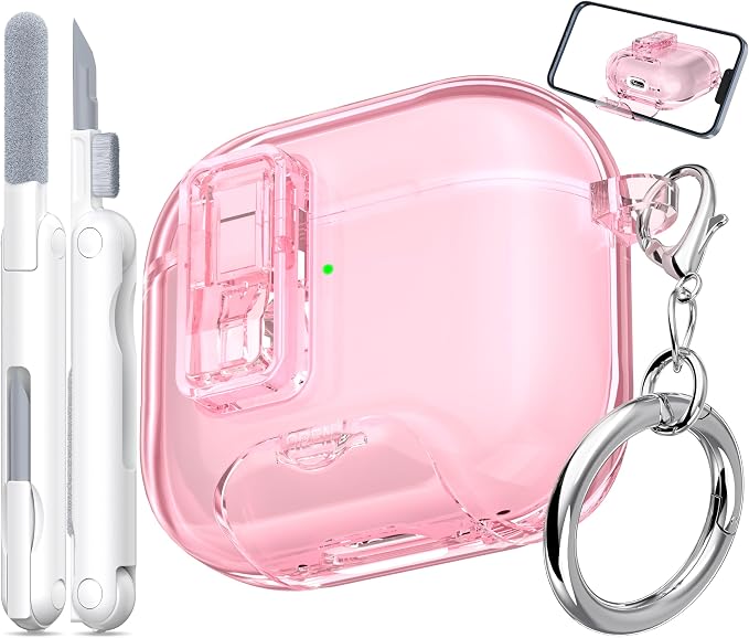 for AirPods 4th Generation Case Cover 2024, Military-Grade Shockproof Transparent Anti-Yellowing, Charging Port Dust-Proof & Stand Design with Cleaning Kit for AirPods 4 Case, Crystal Pink by MHYALUDO