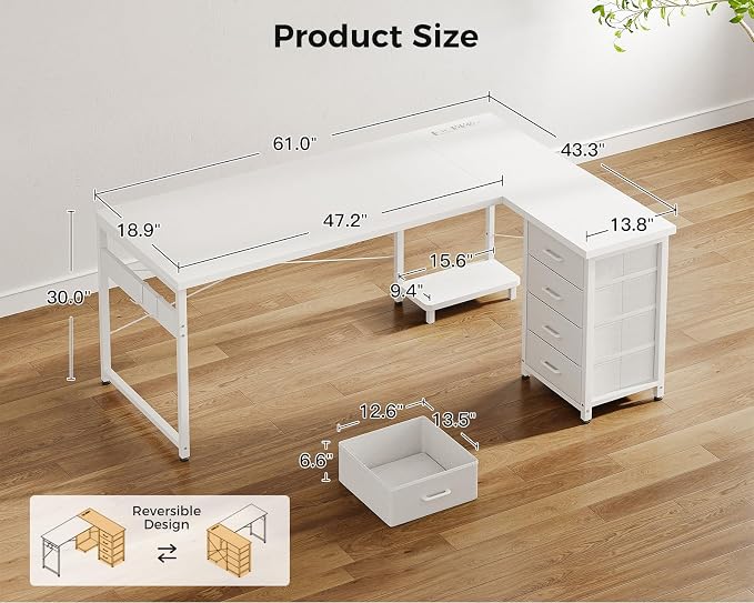 AODK 61" L Shaped Gaming Desk with 4 Drawers and Power Outlets, White | USB Ports, PC Tower Stand, Hooks, Reversible Corner Layout for Gaming Rooms, Bedrooms and Home Office - Image 3