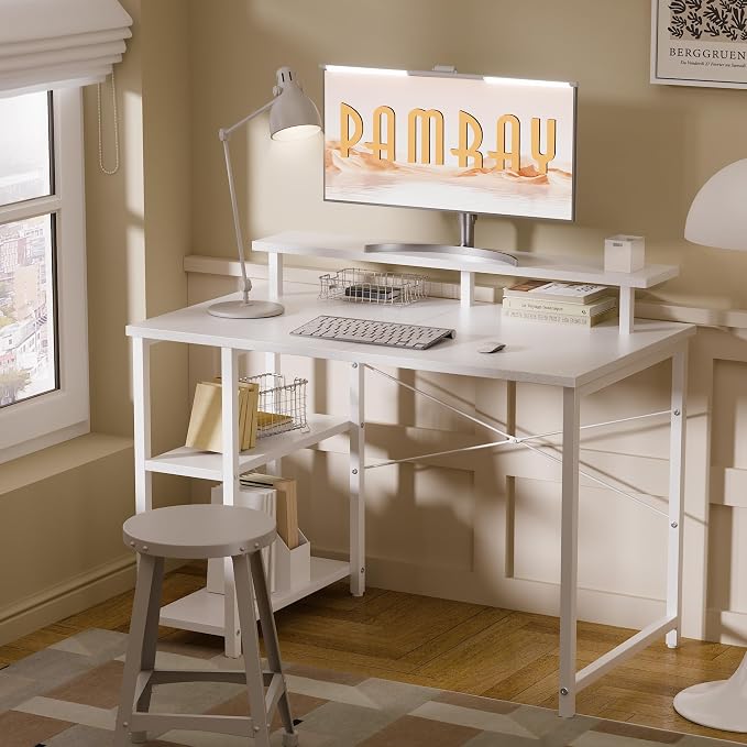 Pamray 33.5 Inch Small Computer Desk with Monitor Stand and Shelves | Sturdy, Space-Saving, Easy Assemblely, Suitable for Bedroom, Office, Apartment and Dorm, Used for Writing and Studying - Image 2