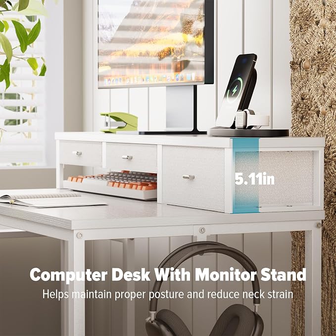 SINPAID 47 inch Computer Desk with Printer Shelf, Gaming Desk with Monitor Stand and Drawers, Reversible Home Office Desk with Storage Shelves and 2 Hooks, Home Workstation for Study Writing, White - Image 4