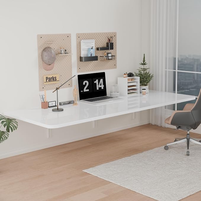 IAE 55x22in Floating Fold Desk,Wall-Mounted Folding Computer Table,White | Study Table with Shelf Brackets,Foldable Down Shelf with Engineered Wood,Fold Computer Desk for Small Apartment,Holds 514 lb by IAE