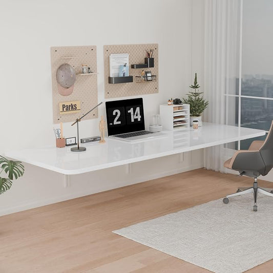 IAE 55x22in Floating Fold Desk,Wall-Mounted Folding Computer Table,White | Study Table with Shelf Brackets,Foldable Down Shelf with Engineered Wood,Fold Computer Desk for Small Apartment,Holds 514 lb by IAE