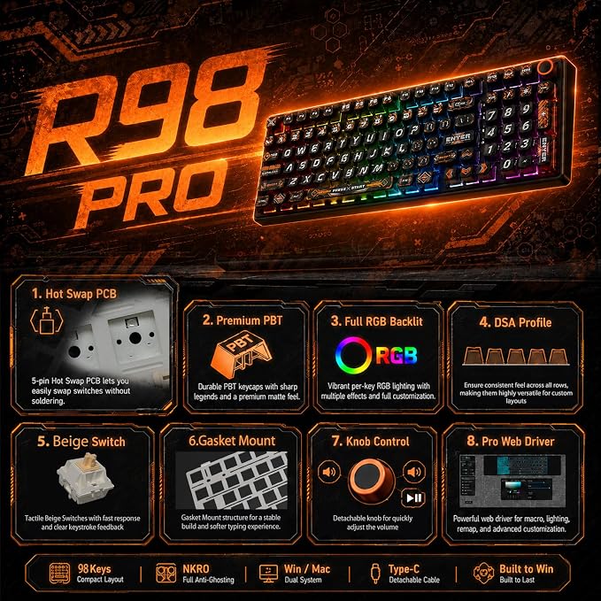 RK ROYAL KLUDGE R98 Pro Wired Mechanical Keyboard, RGB PC Gaming Keyboard with Number Pad and Volume Knob, dye Sublimation DSA Profile Pudding Keycaps, for Win/MAC, Hot Swappable Tactile Beige Switch - Image 2
