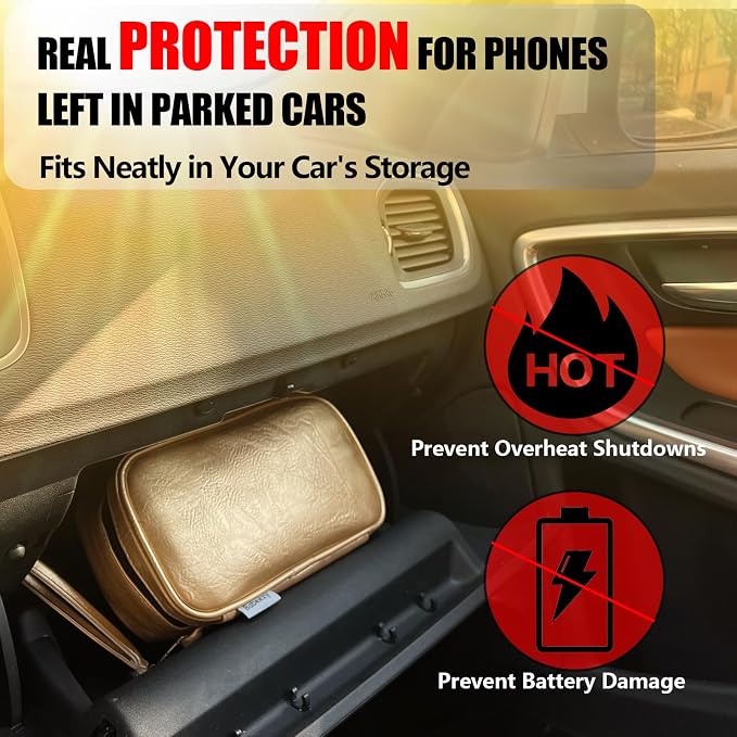 Car Phone Cooling Bag with 2 Ice Packs (Gold) – Active Thermal Pouch Prevents Overheating – Reflective Heat Shield Case for iPhone 17 Pro Max & Android –Essential Summer Work Gear - Image 4