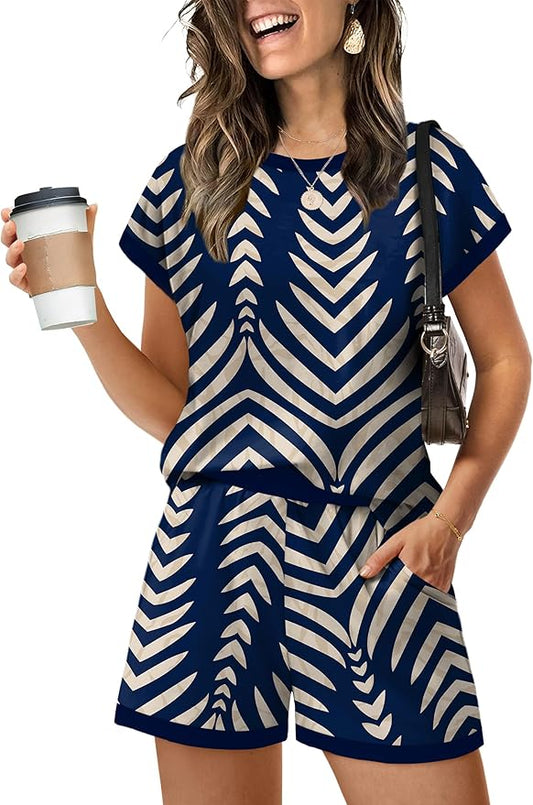 WIHOLL Two Piece Sets for Women Summer Lounge Short Sets Cap Sleeve Crew Neck Sweatsuit with Pocket XS-2XL by WIHOLL