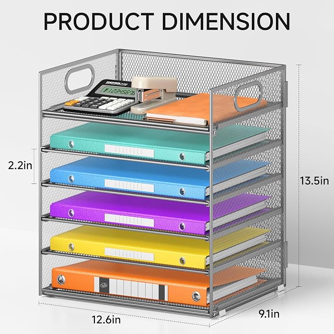 6 Tray Paper Organizer Letter Tray with Handle - Mesh Desk File Folder Holder, Paper Sorter for Office, Home or School - Silver - Image 2