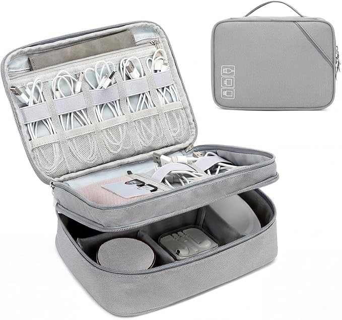 Lanola Travel Cable Organizer Bag, Electronic Accessories Case Portable Double Layer Cable Storage Bag for Cord,phone,Charger, Flash Drive,SD Card,Phone,Power Bank,Personal Items - Grey by Lanola