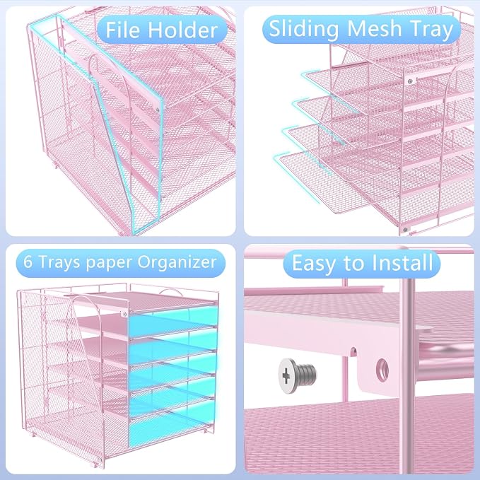 gianotter 6-Tier Paper Organizer With Magazine Holder | Desk Organizers and Accessories, File Organizer for Office Supplies Storag (Pink, 6-Tier) - Image 4