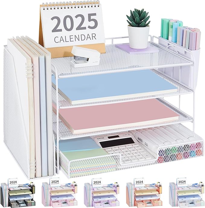 OPNICE Desk Organizer, 4-Tier Desktop File Organizer with Drawer and Pen Holders, Office Desk Accessories, File Sorters, Workspace Organizers for Office Supplies(White) by OPNICE