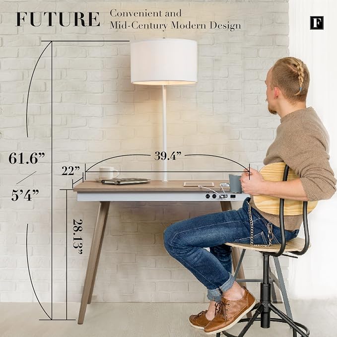 FENLO Future 39" Mid Century Desk for Home Office, Office Table with USB Charging Station, Mid Century Modern Desk with Wireless Charging, USB, and USB-C Ports - Image 2