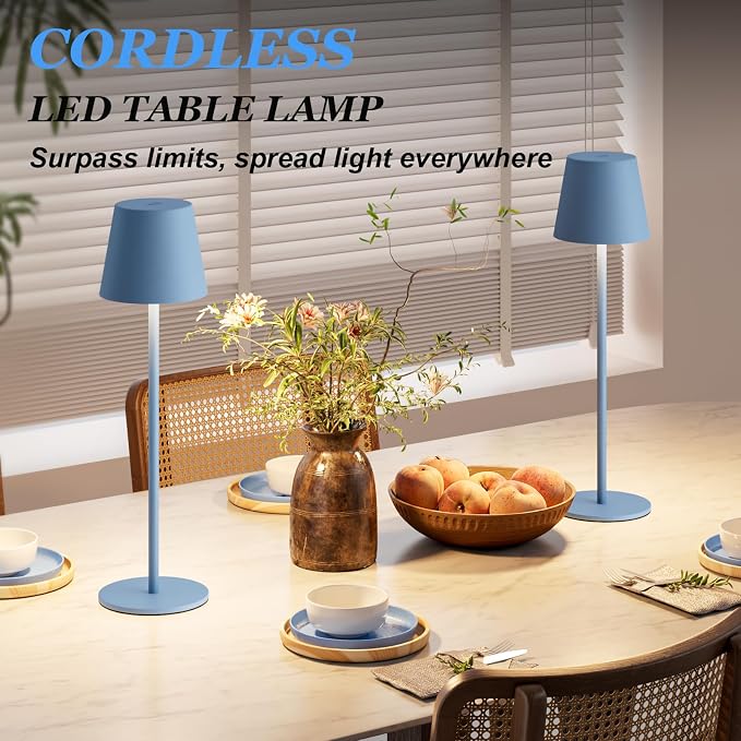 Kakanuo Cordless Table Lamp Rechargeable Blue - KK 2 Pack 5000mAH Battery Operated Lamp for Dining Table, 3 Color Stepless Dimming Wireless Lamp for Counter, Outdoor Patio, Touch Control - Image 6