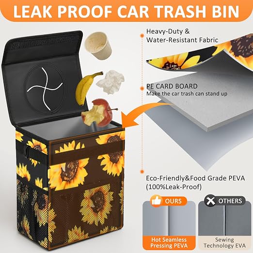Vankor Car Trash Can for Car Cute,Bag Bin Hanging Waterproof Automotive Garbage Cans Leak Proof Vehicle Trash Can Sunflower - Image 3