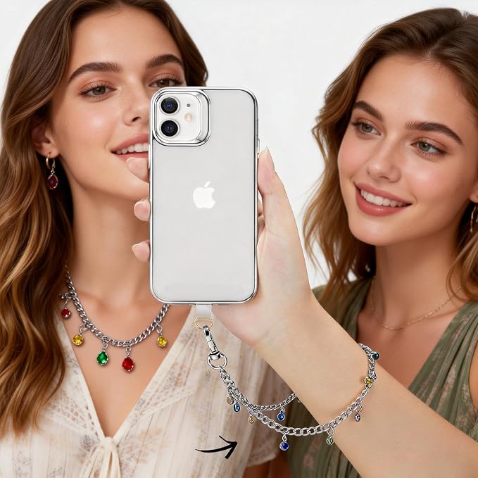 Phone Charm Wrist Strap Silver Metal Chain Detachable Lanyard Hand Wristlet Fashion Shine Finger Grip Anti-drop with 2 Tether Tab for Women Girls Universal for iPhone 16 Pro Max Colorful Gem - Image 7