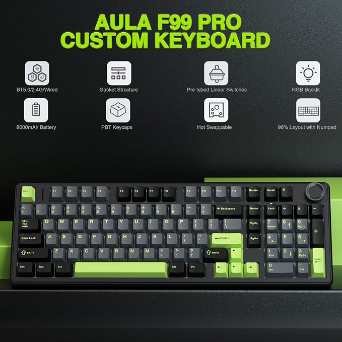AULA F99 Pro Wireless Mechanical Keyboard with Knob,Creamy Sound,Tri-Mode BT5.0/USB-C/2.4GHz Hot Swappable Keyboard,Gasket Structure,RGB Backlit Computer Gaming Keyboards - Image 2