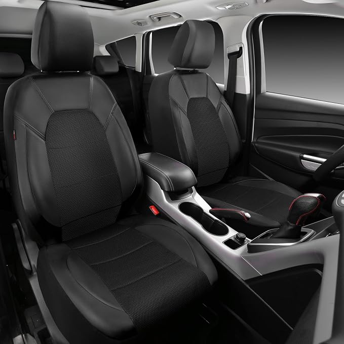 CAR PASS Leather Two Front Car Seat Cover; 4Pcs Waterproof Car Floor Mats & Steering Wheel Cover,Universal Fit Airbag Compatible Automotive Interior Covers (Combo Set, Black) - Image 2
