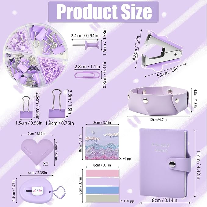 Purple Desk Accessories, 26Pcs Office Supplies and Desk Organizers, with Tape Dispenser, Stapler, Staple Remover Ect, Gift Box Packaging - Image 7