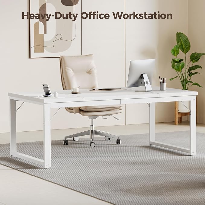 Mericonia 63 Inch Computer Desk with Power Outlets, 1.2" Thick Office Table | Modern Simple Style, Heavy Duty Industrial Frame, Large Study & Writing Table for Home Bedroom Work, White - Image 6